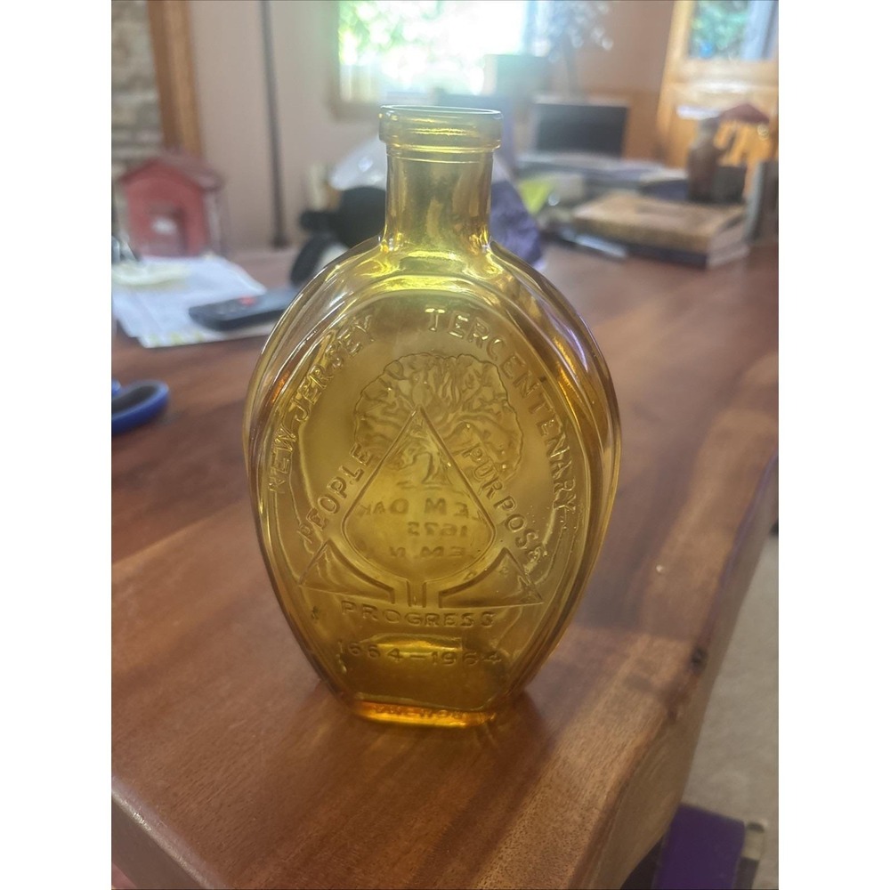 Amber Glass Flask 1964 NJ Tercentenary Vintage Anchor Hocking Collectible
